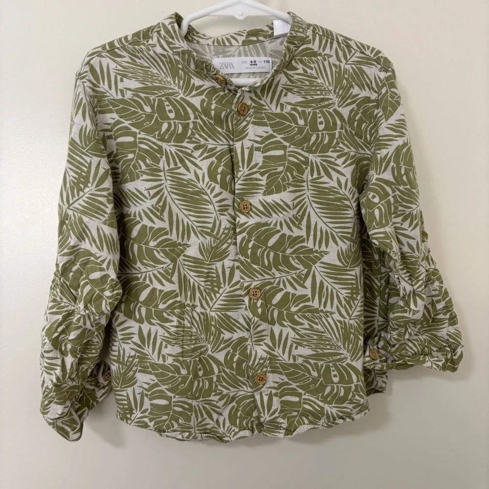 Zara kids linen blend tropical Green Leaf Print long Sleeve button down shirt